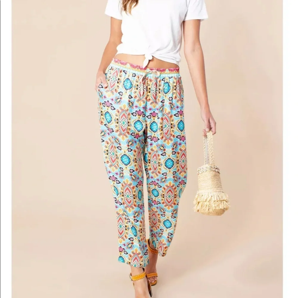 Hale Bob Peliah silk charmeuse pants in turquoise multicolor print M - Picture 12 of 13